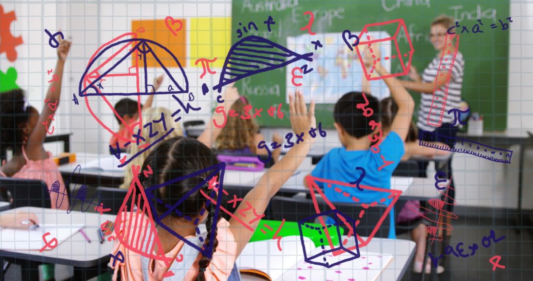Diverse Children in Classroom with Mathematical Icons Overlay