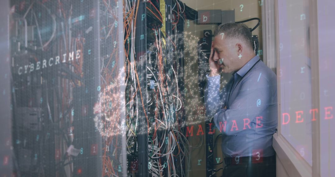 Businessman Analyzing Servers and Cybersecurity Concepts