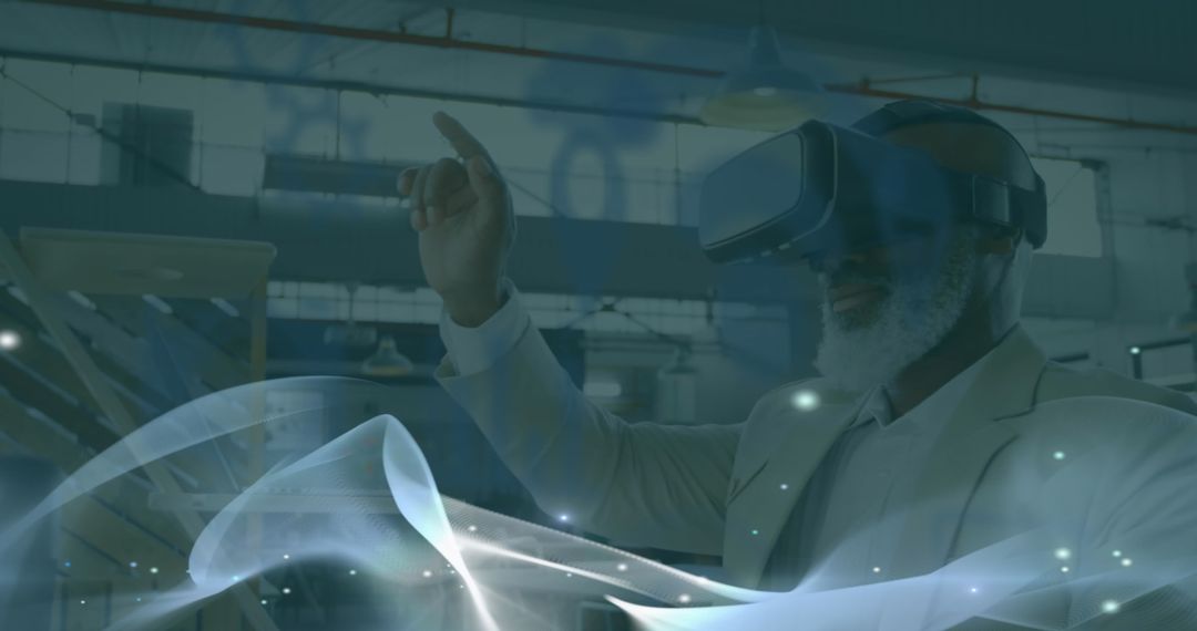 Innovator Engaged with Virtual Reality Technology in Futuristic Lab