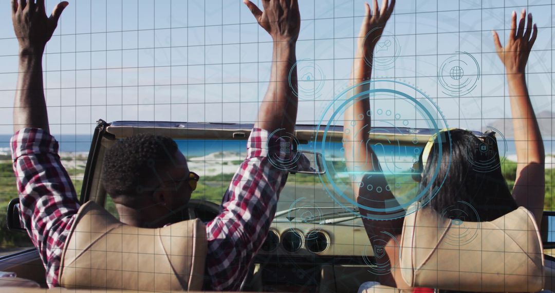 Happy Couple Driving Convertible with Digital Overlay on Coastal Highway