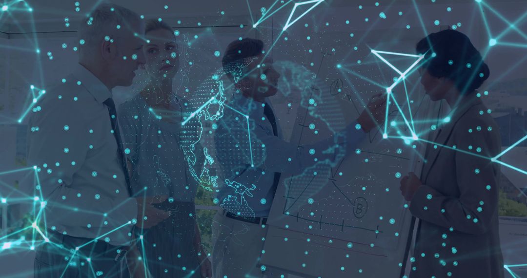 Business Team Collaborating on Strategy with Global Network Overlay and Data Visualization