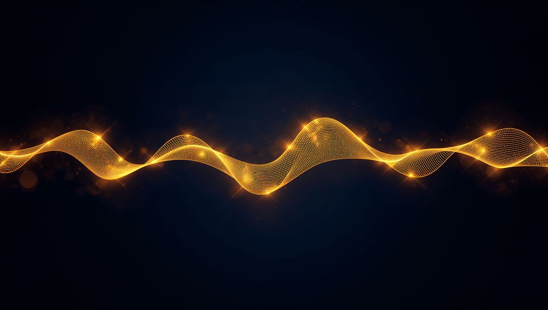Golden Mesh Wave Ribbon Flowing Across Dark Canvas with Glowing Bokeh Particles