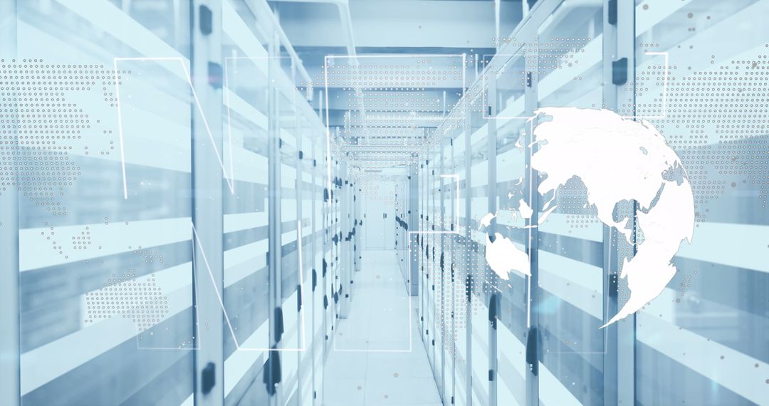 Futuristic Data Center with Digital Network Interfaces and Globe