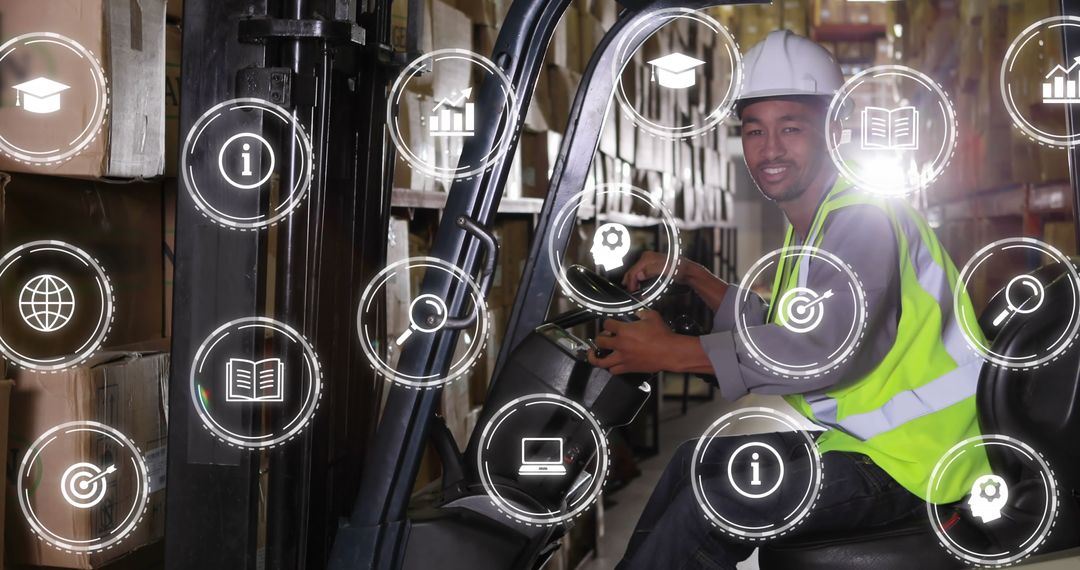 Warehouse Worker Driving Forklift with Digital Interface Icons