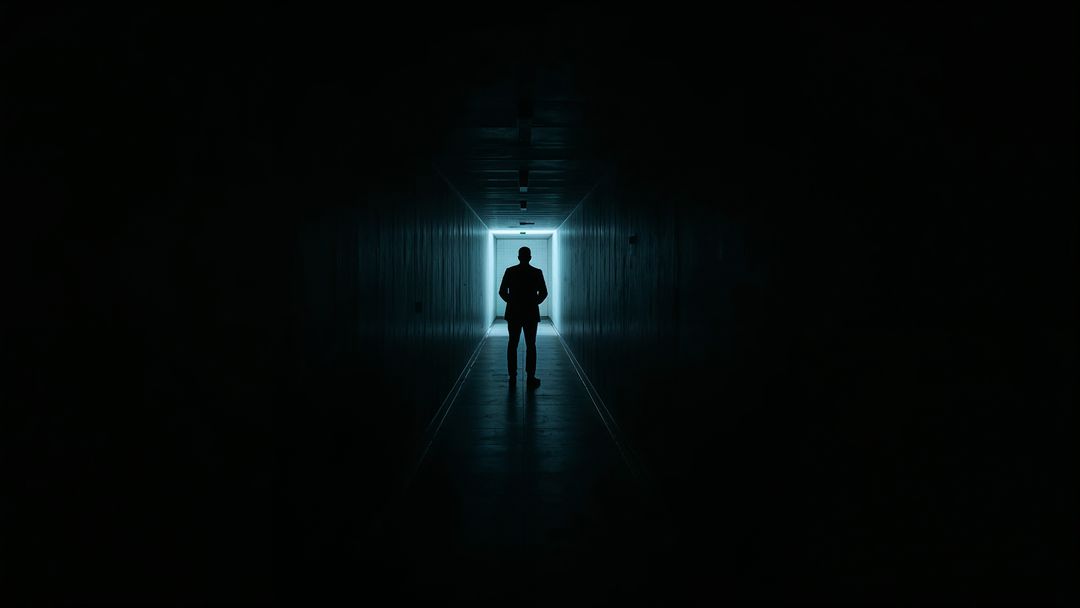 Silhouetted Businessman Walking Through Illuminated Corridor