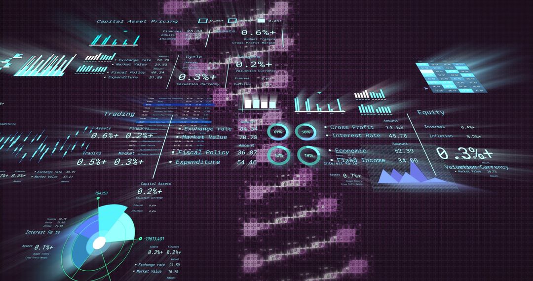 Futuristic financial dashboard displaying holographic analytics over purple DNA helix