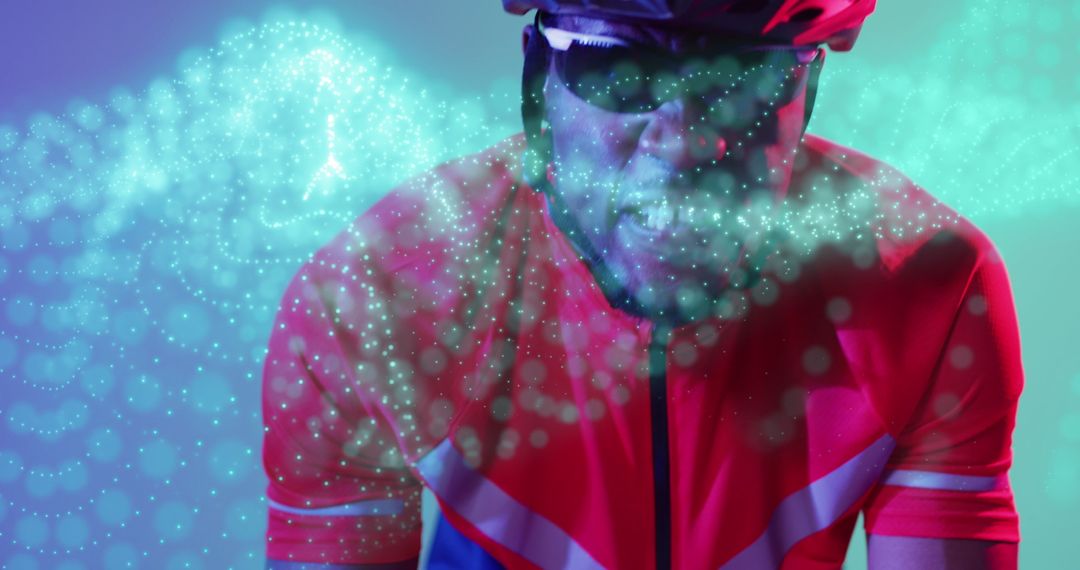 Cyclist Wearing High-Tech Gear with Futuristic Data Visualization