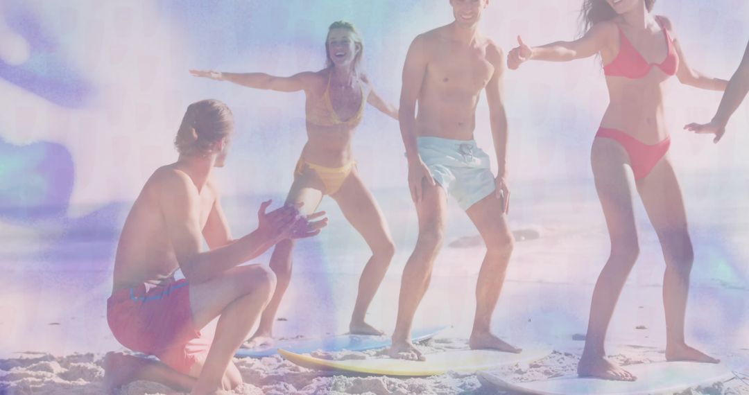 Energetic Group Practicing Surf Stance on Sunny Beach