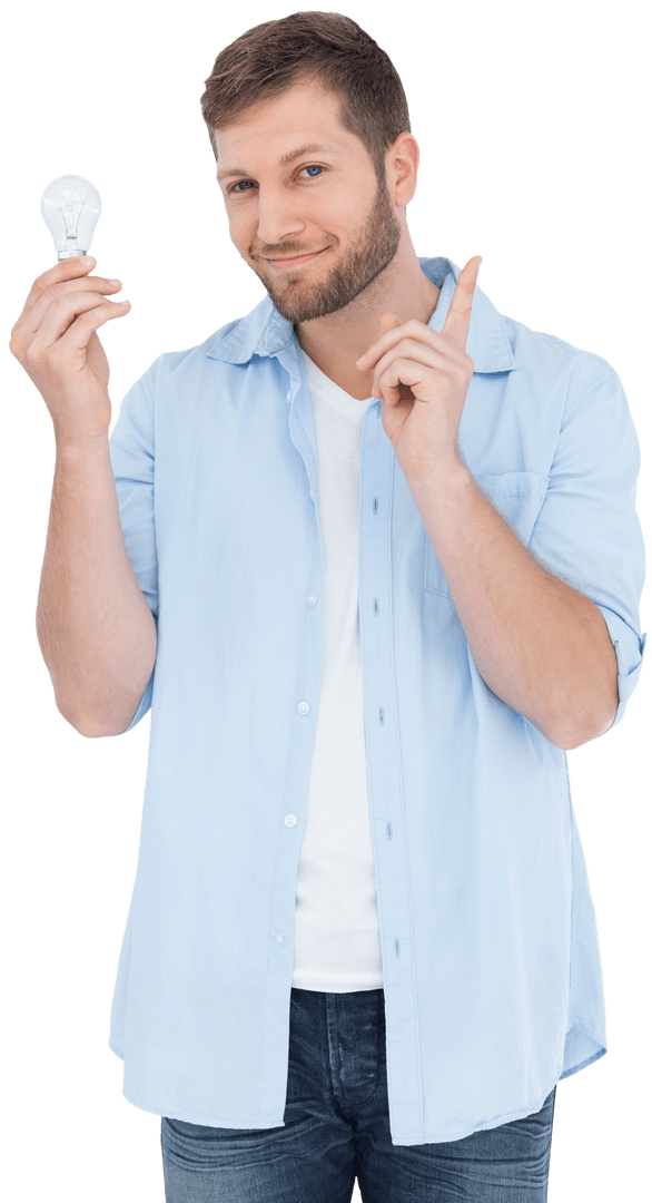 Transparent Enthusiastic Man Holding Light Bulb for Ideas