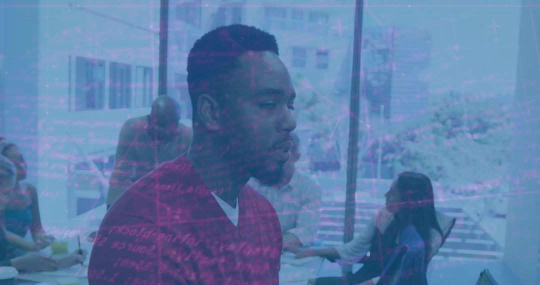 Businessman leading meeting in glass boardroom with digital code overlay and teamwork