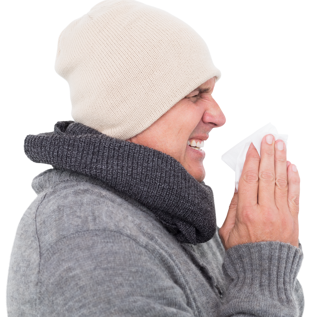 Photorealistic Composite of Sneezing Man in Warm Attire - Transparent Background - Download Free Stock Images Pikwizard.com