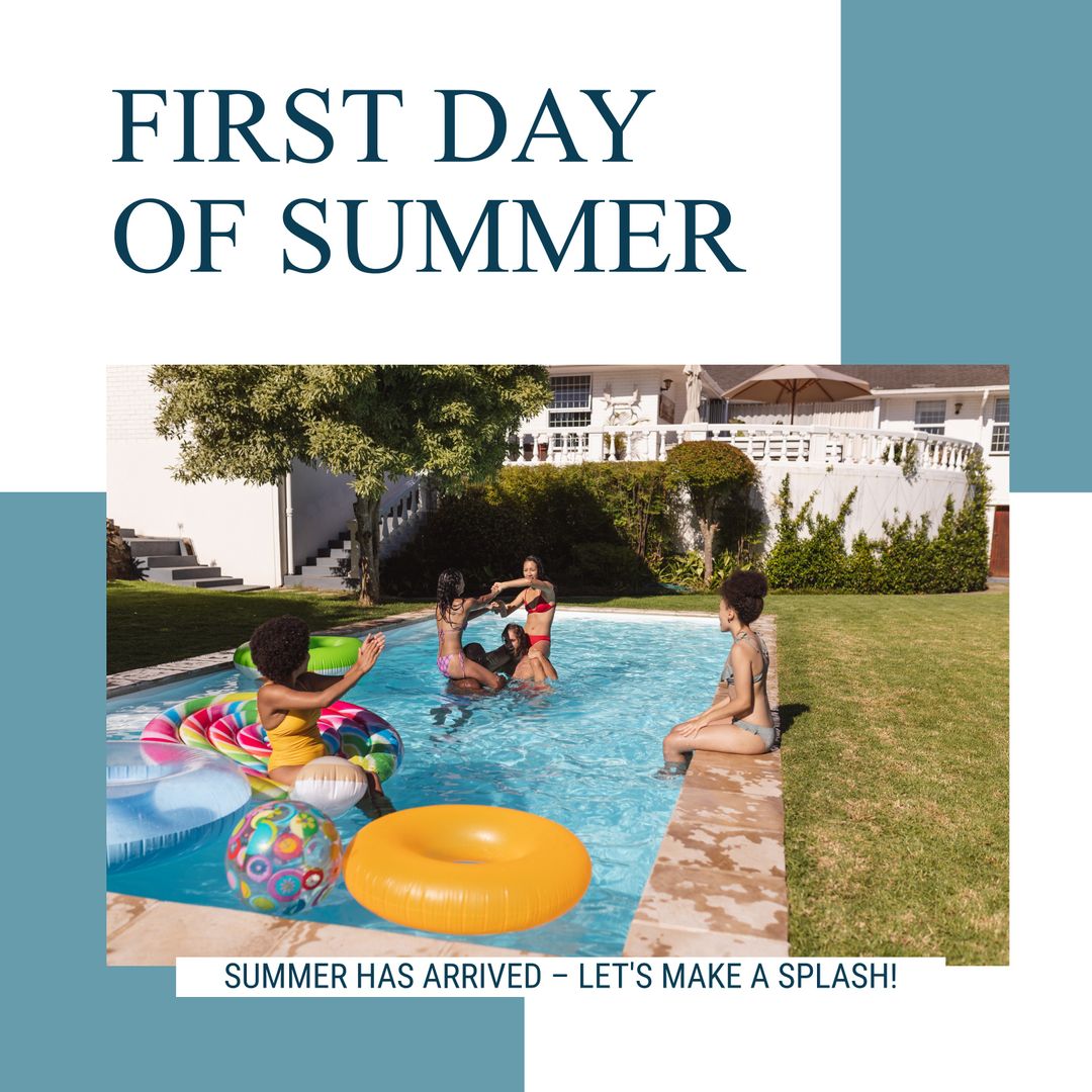 Joyful Friends Celebrating First Day of Summer in Pool