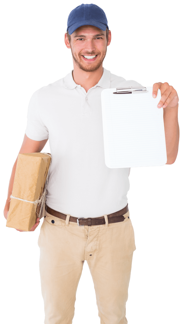 Transparent Courier Smiling with Package and Blank Clipboard
