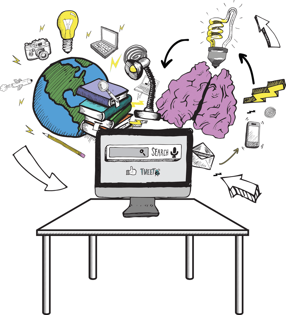 Social Media Concepts Around Desktop Computer on Transparent Background