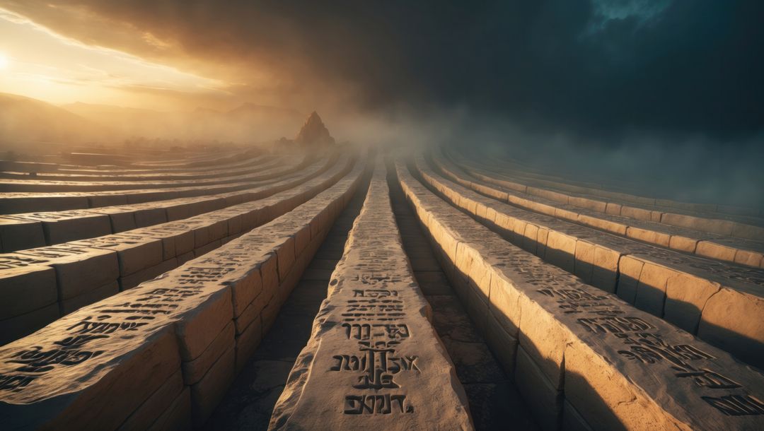 Ancient script carved stone slabs misty mountain horizon, ten commandments concept