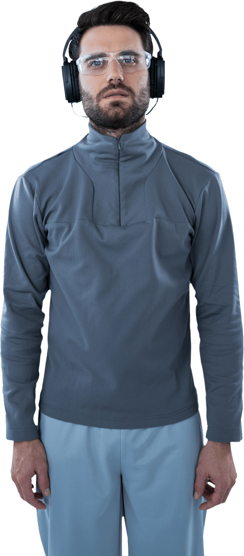 Transparent Background Man Listening to Headphones, Casual Gray Attire