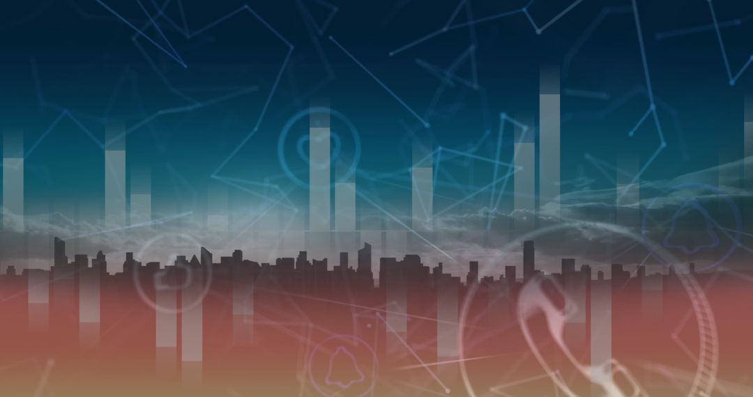 Digital Connections Cityscape with Data and Network Icons