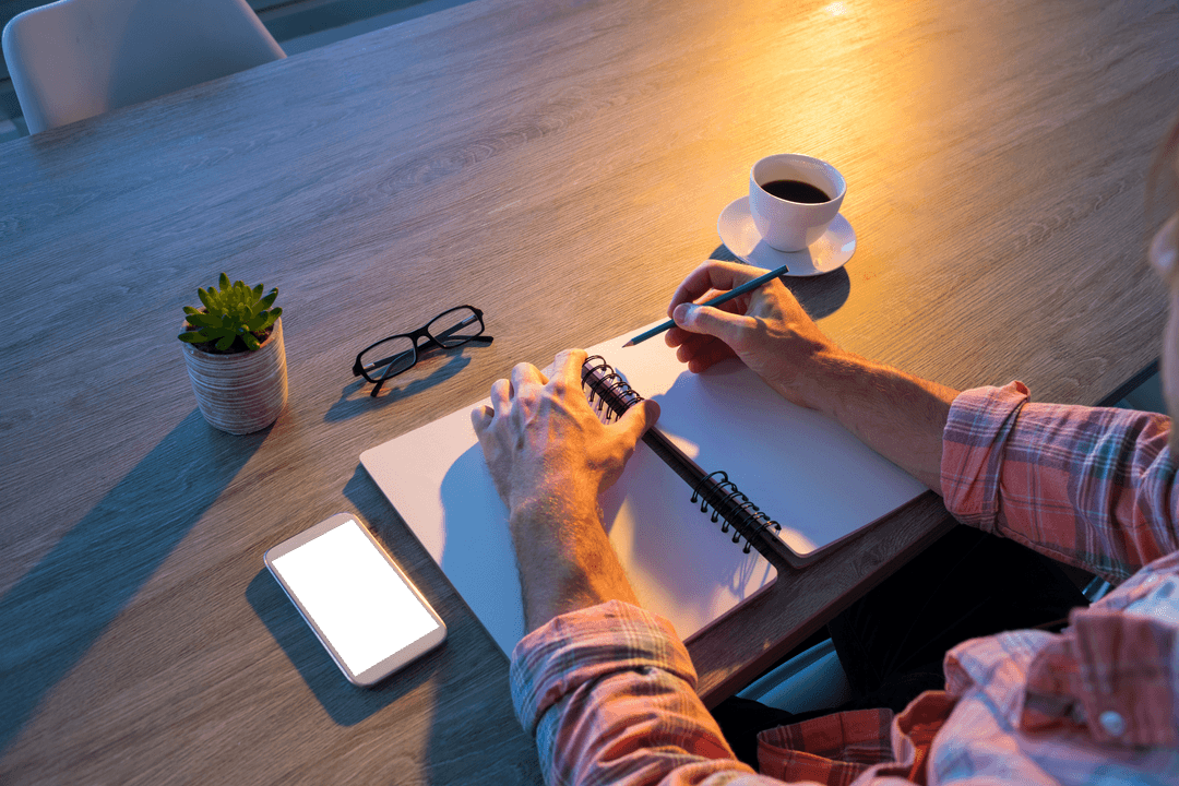 Transparent Writer Journaling Evening Thoughts at Office Desk