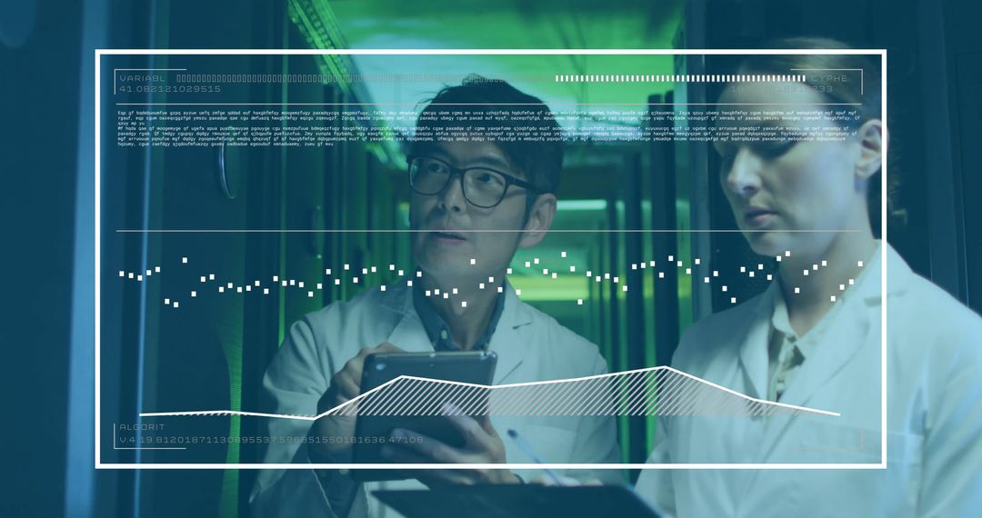 Engineers Analyzing Data Among Green-Lit Data Racks in Futuristic Center