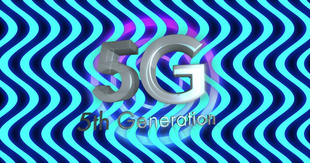 3D 5G Text Over Glowing Blue Waving Stripes