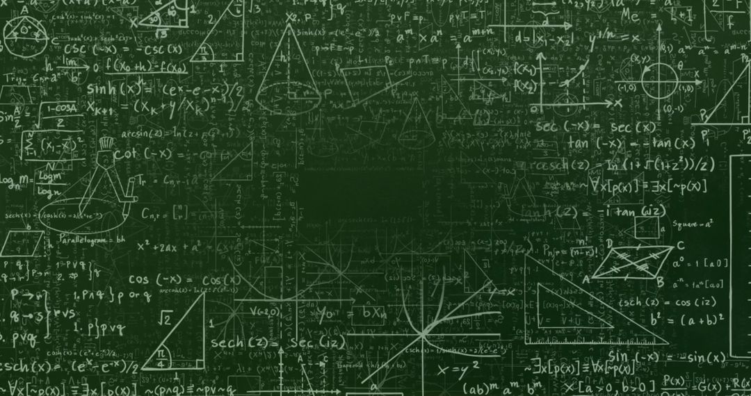 Chalkboard Filled with Math Equations and Trigonometric Diagrams in Classroom