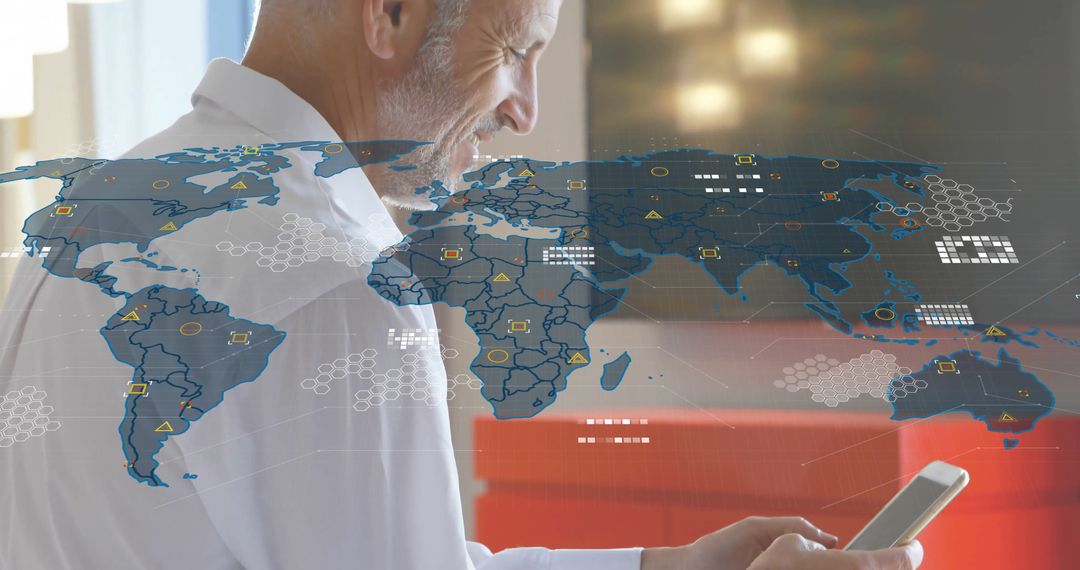 Caucasian Businessman Analyzing Global Financial Data on Smartphone