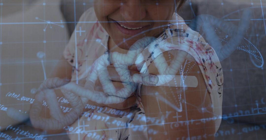 Smiling mature woman showing vaccination bandage with DNA helix overlay for research