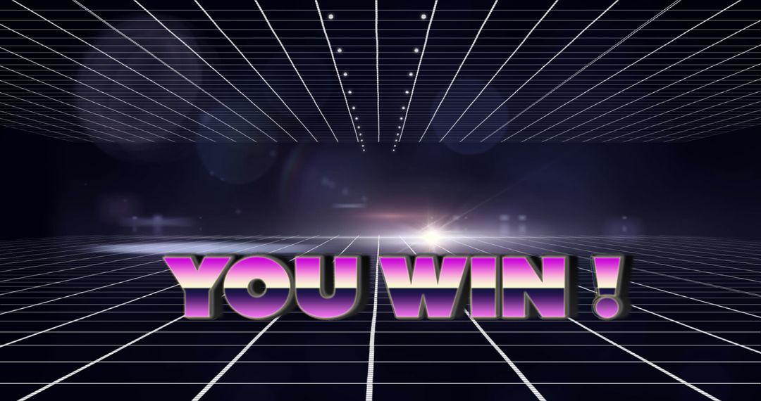 Retro Video Game Victory Screen with Grid and Flare