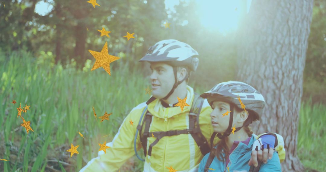 Couple Cyclists Exploring Forest Path With Serious Expressions