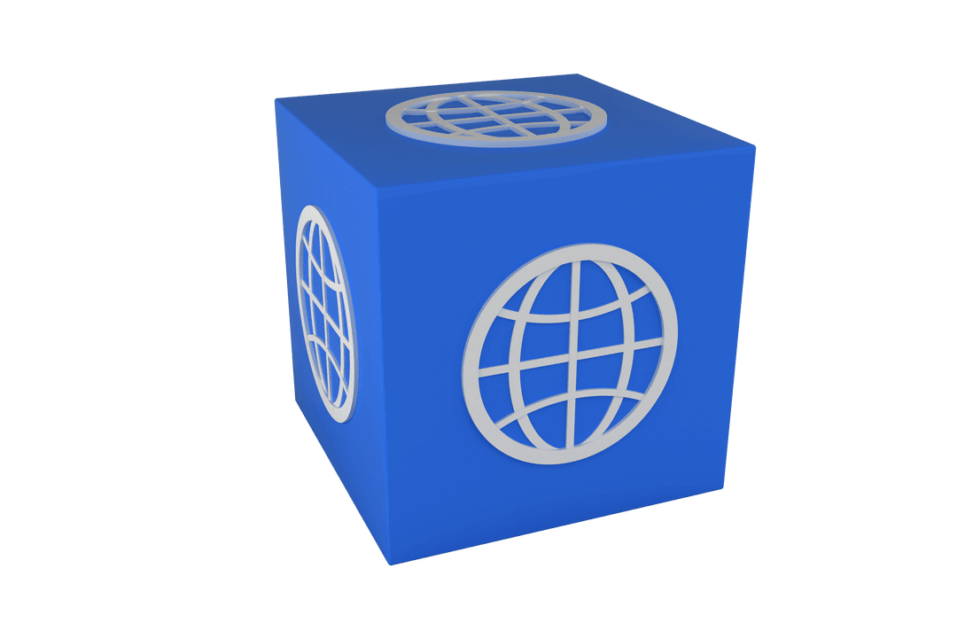 Transparent Blue Cube with Globe Symbol Representing Global Network