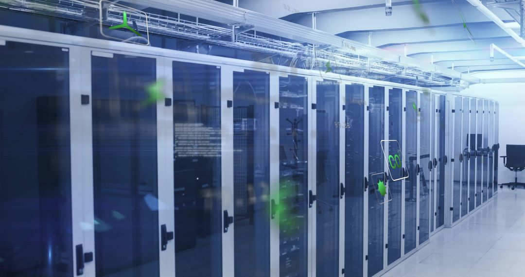 Modern Data Center Corridor with Server Cabinets and Networking Equipment