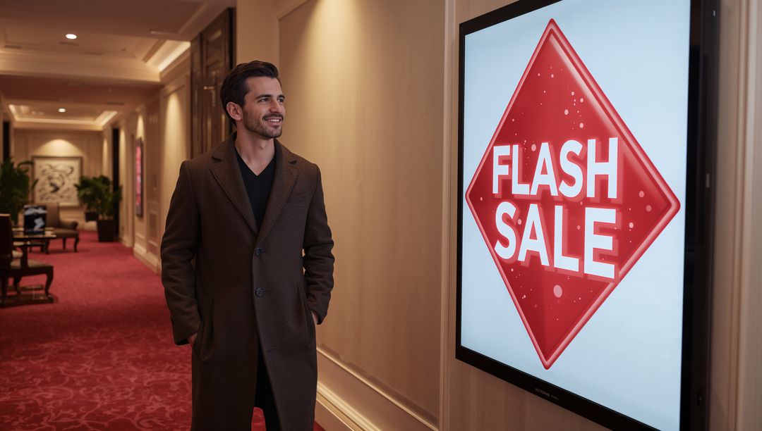 Elegant Man in Hotel Corridor Viewing Flash Sale Display