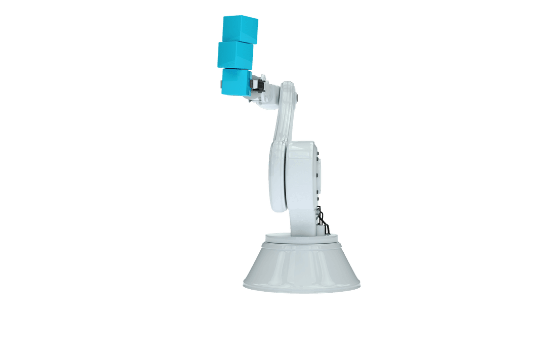 Robotic Arm Holding Blue Cubes on Transparent Background