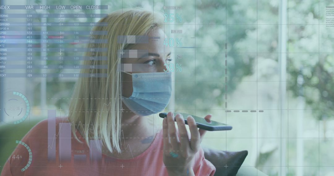 Woman with Mask Analyzing Digital Data on Smartphone