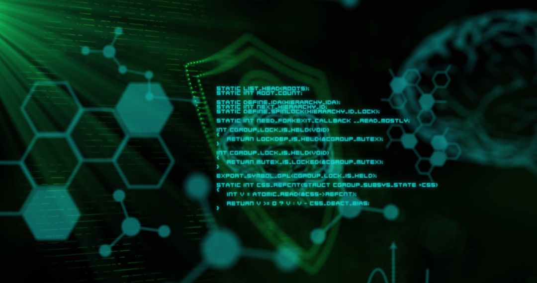 Green Digital Padlock Symbol with Code Overlay and Abstract Design