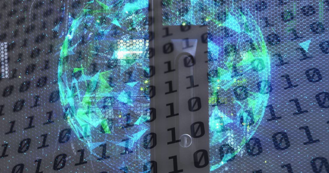 Digital Globe and Binary Code Overlapping Server Room
