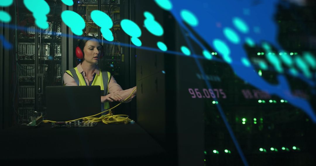 Female Engineer Managing Network Servers with Data Visualization