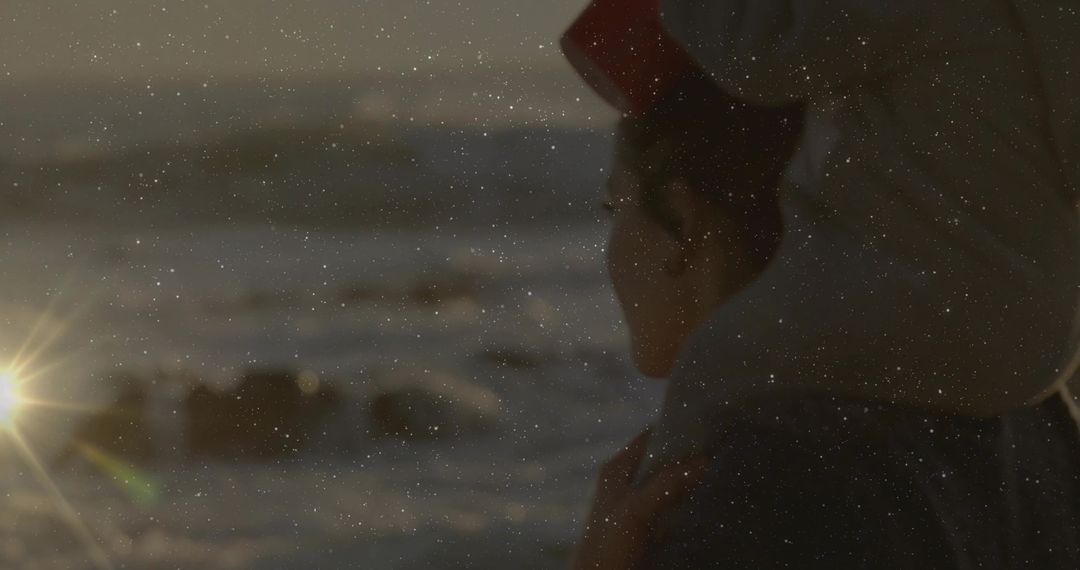 Mother and Child Bonding on Beach During Sunset with Copy Space