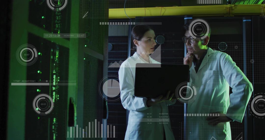 Technicians Analyzing Data in High-Tech Server Room