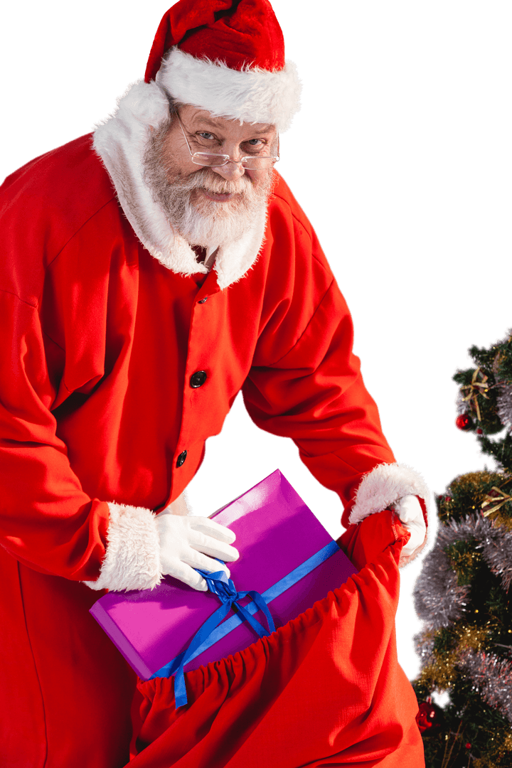 Transparent Santa Claus Packing Christmas Gift in Sack by Tree