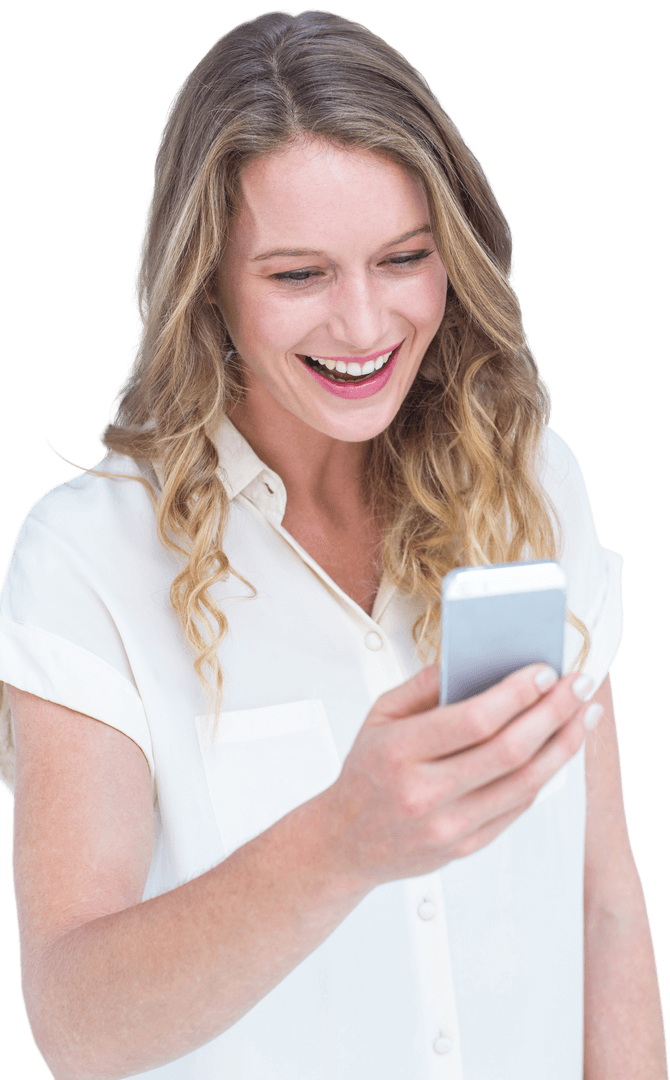 Smiling Woman Texting on Smartphone with Transparent Background