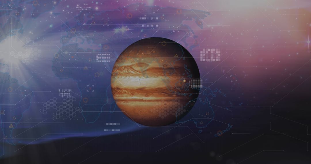 Futuristic Data Processing with Planet Overlay and World Map