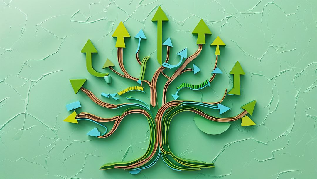 Abstract Tree with Ribbon Paths and Arrows on Green Wall