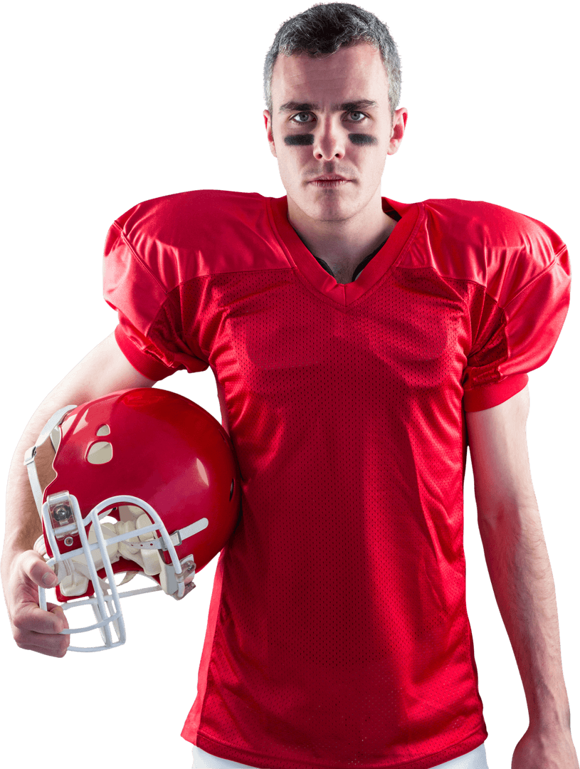 Serious American Football Player in Red Gear on Transparent Background