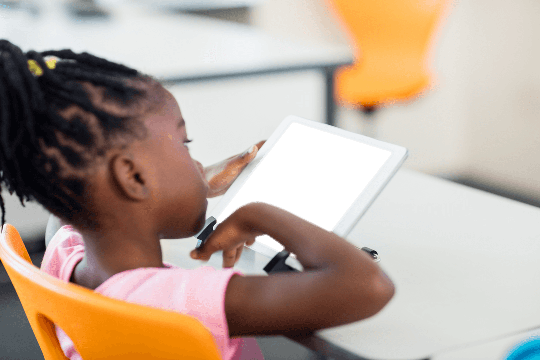 Child Learning on Tablet with Black Screen Background Transparent Layer