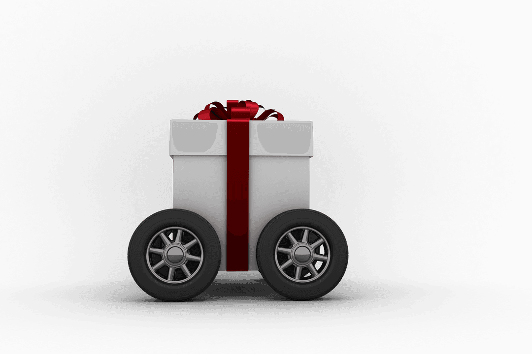 Transparent Gray Gift Box on Wheels with Red Ribbon