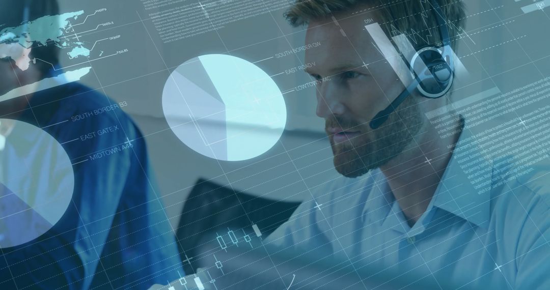 Businessman Analyzing Financial Data with Call Headset