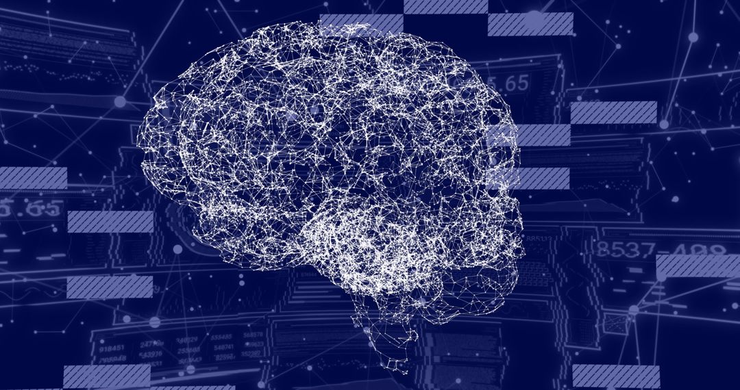 Digital Network Brain with Data Visualization on Dark Background
