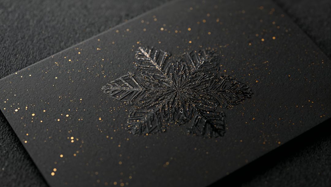 Displaying matte black card with embossed geometric snowflake and gold speck shimmer