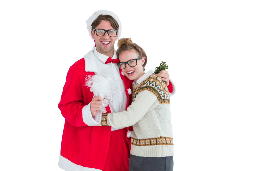 Geeky Couple in Festive Santa Costume Embracing Christmas Spirit